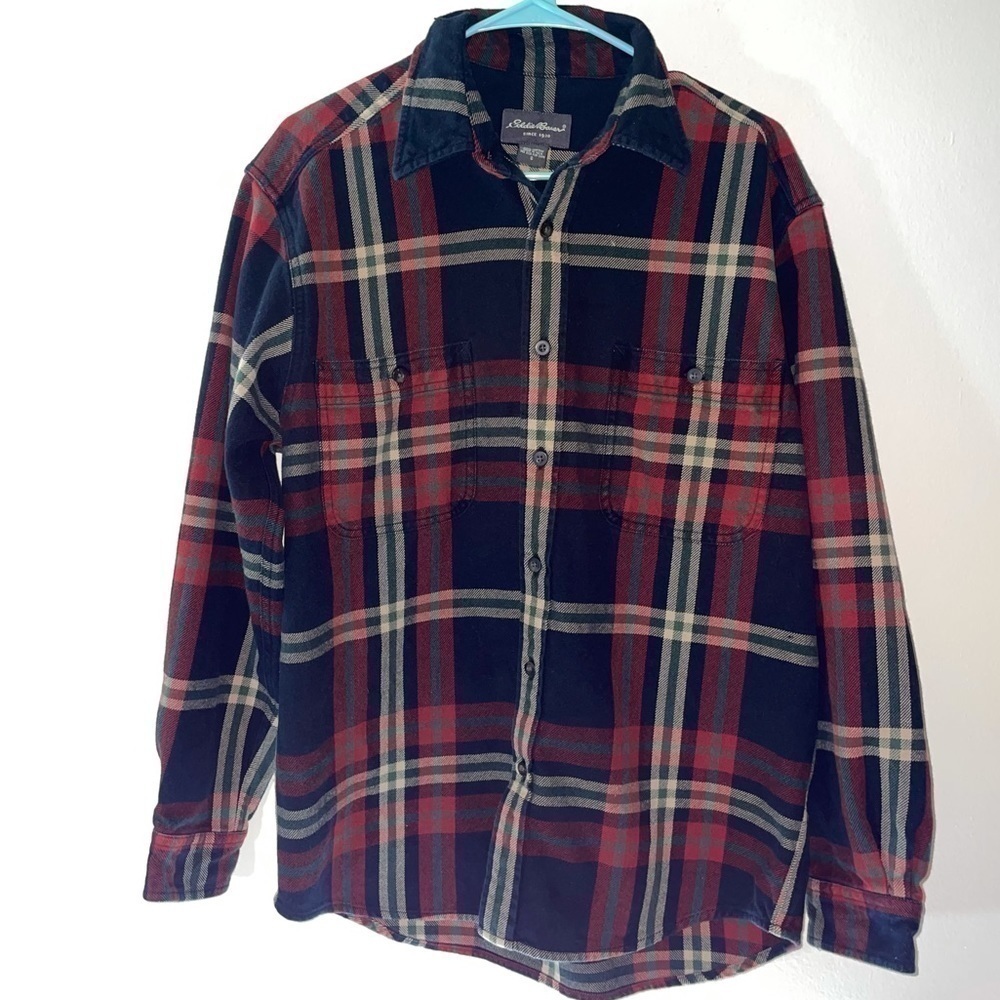 Eddie Bauer Flannel Shirt Long Sleeves Plaid Striped Button Front 100% Balmwolle